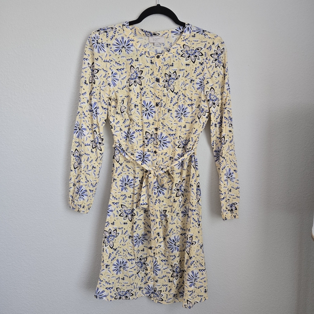 LOFT Outlet Modest Long Balloon Sleeve Belted Shirt Dress Yellow Size 4